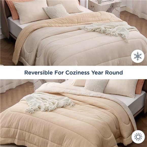 Queen Comforter Set - Cooling and Warm Bed Set, Beige Reversible 3 Piece Set - Picture 6 of 6